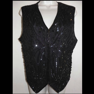 VTG Sequin tuxedo vest S Black Silk V-neck Back tie Mary McFadden Embellished